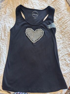 INC International Concepts Black Racerback Tank with Embellished Heart